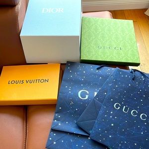 One Dior gift box, one LV gift box, one Gucci box, 5 Gucci bags